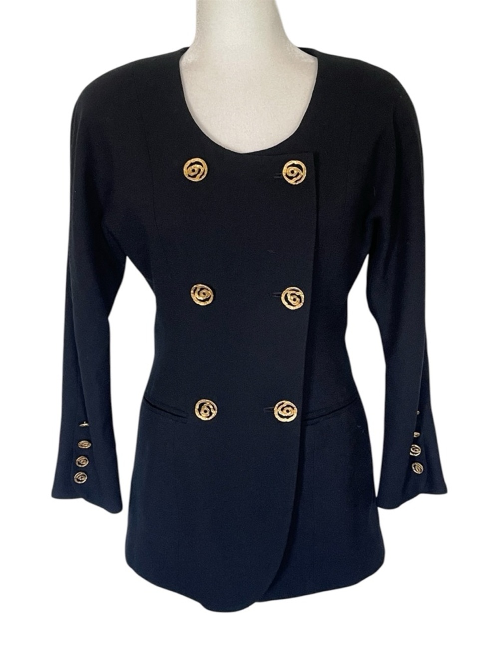 Jones New York 100% Pure Wool Double Breasted Black Blazer with Gold Buttons